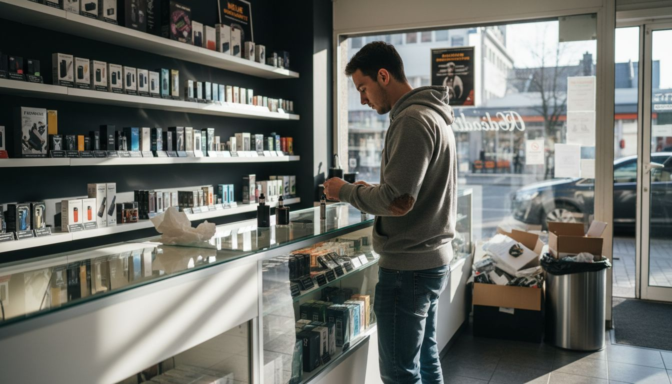 Ein Kunde steht vor der Entscheidung und vergleicht verschiedene E-Zigaretten-Modelle.