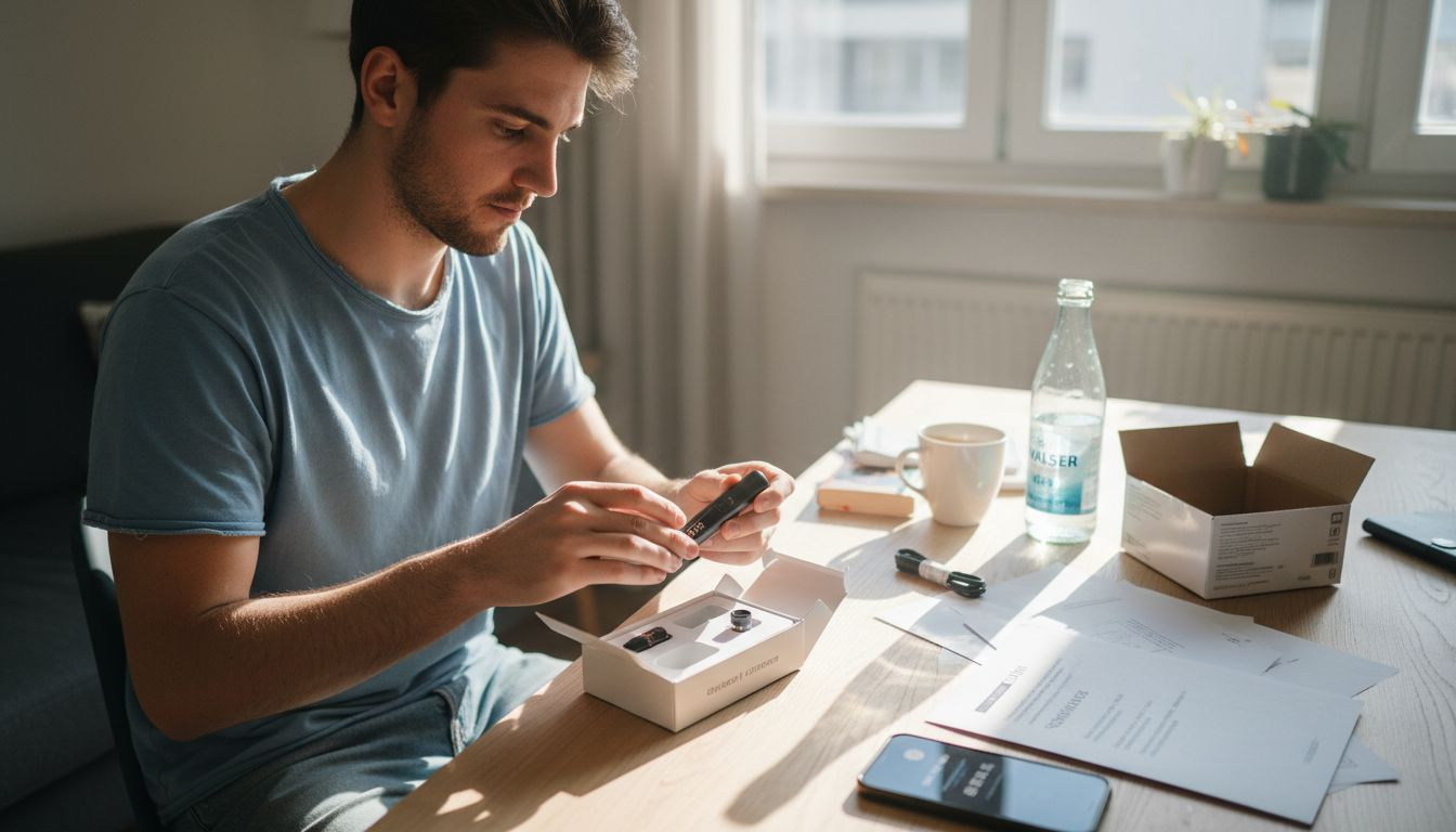 Ein junger Mann testet ein Vape-Starter-Set aus der Schweiz.