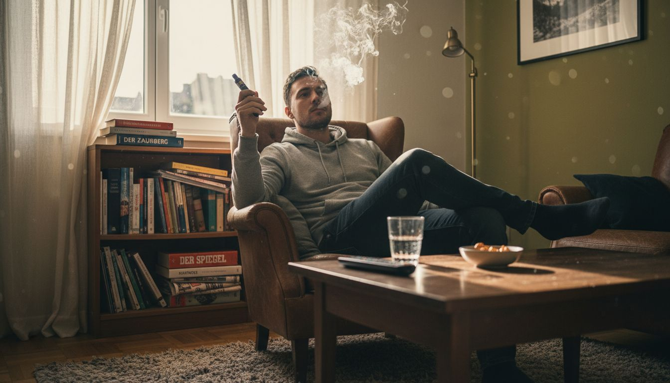 Ein Mann genießt entspannt seine E-Zigarette im gemütlichen Wohnzimmer.