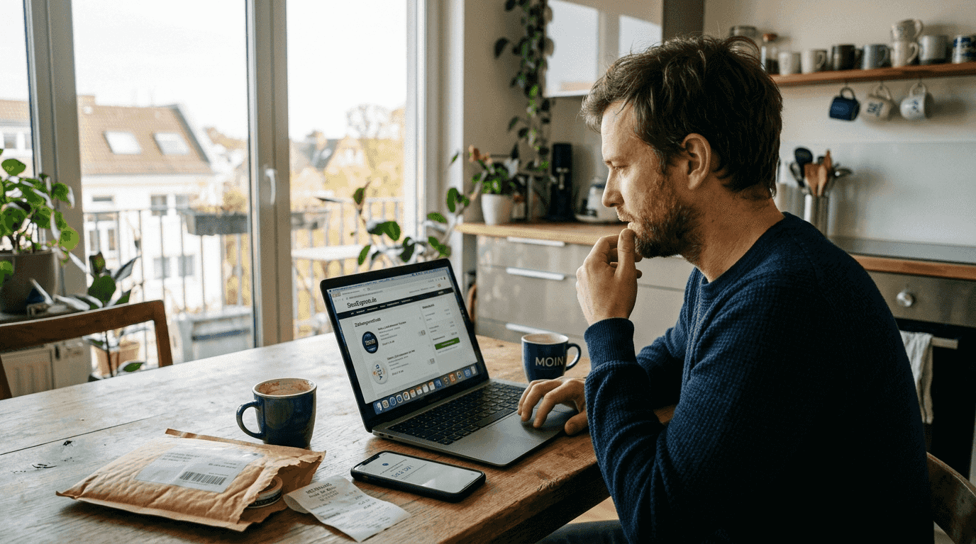 Ein Mann sitzt am Küchentisch und bestellt Snus ganz bequem übers Internet.