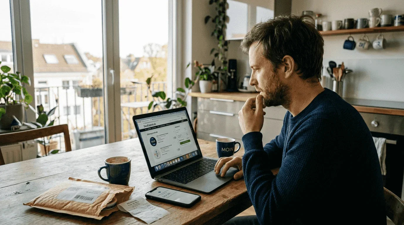 Ein Mann sitzt am Küchentisch und bestellt Snus ganz bequem übers Internet.