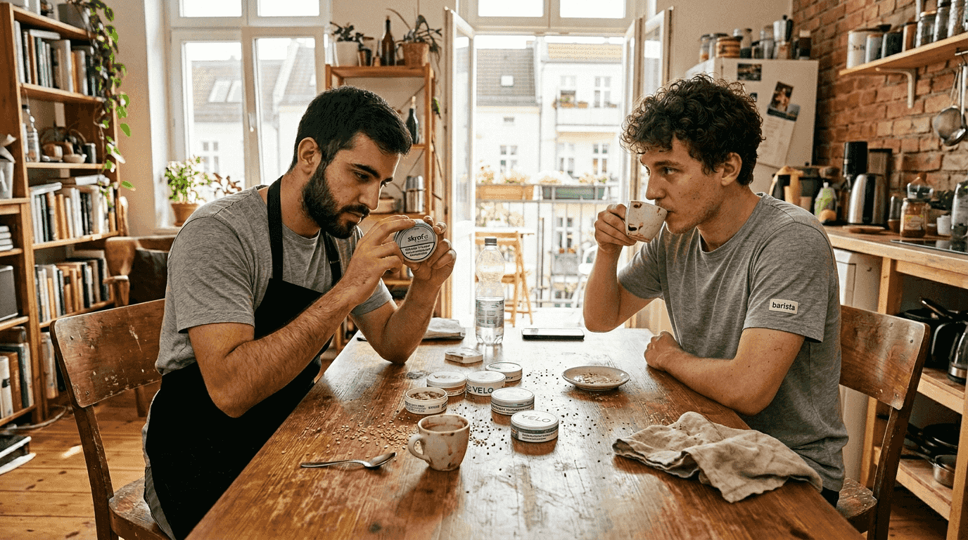 Junge Erwachsene sitzen in ihrer Wohnung und schauen sich gemeinsam verschiedene Snus-Dosen an.