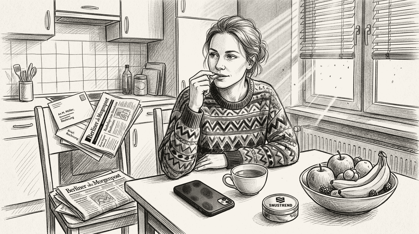 Eine Frau sitzt am Küchentisch und genießt ein Snus-Päckchen.