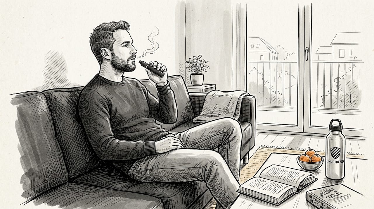 Ein Mann macht es sich mit seiner E-Zigarette gemütlich auf dem Sofa.