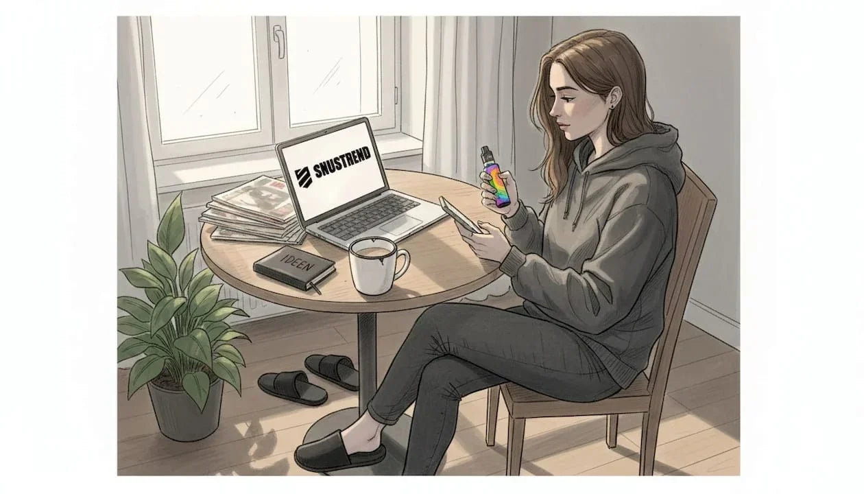 Eine Frau testet in ihrem Wohnzimmer die Elfbar E-Zigarette und macht sich dabei Notizen zu ihren Eindrücken.