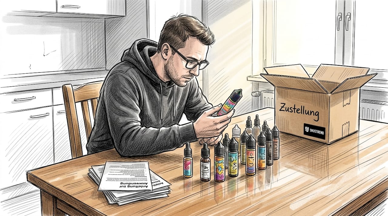 Eine Person sitzt am Küchentisch und begutachtet verschiedene Fläschchen mit E-Liquid.