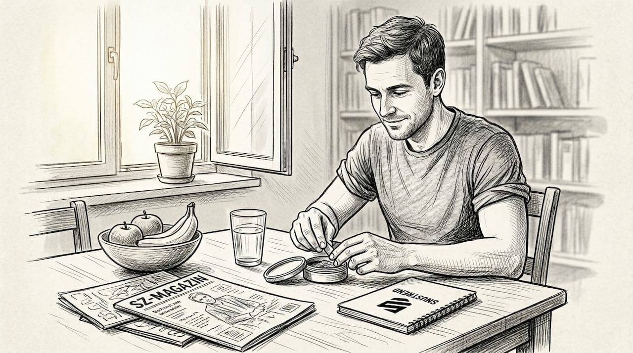 Ein Mann bereitet am Küchentisch selbstgemachten Snus vor.