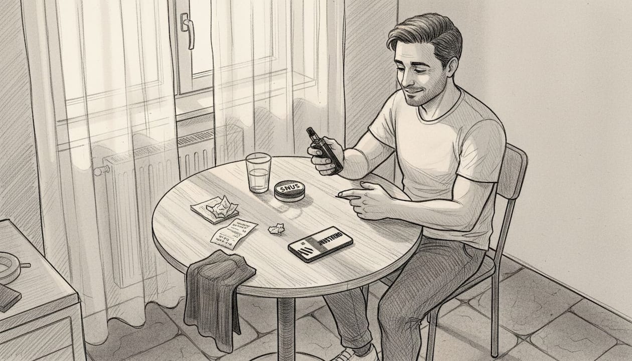 Ein Mann sitzt am Küchentisch, hat eine E-Zigarette und ein Döschen Snus vor sich liegen.