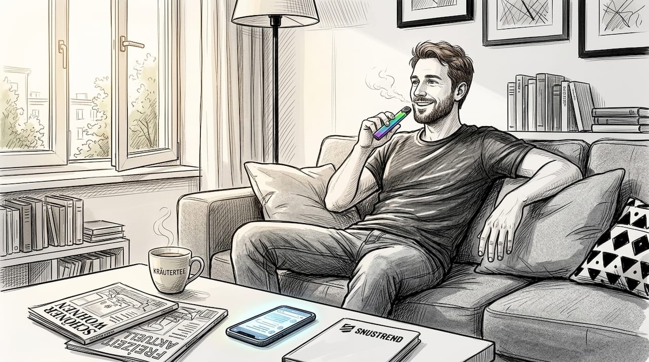 Ein Mann sitzt entspannt auf dem Sofa und genießt seine nikotinfreie E-Zigarette.