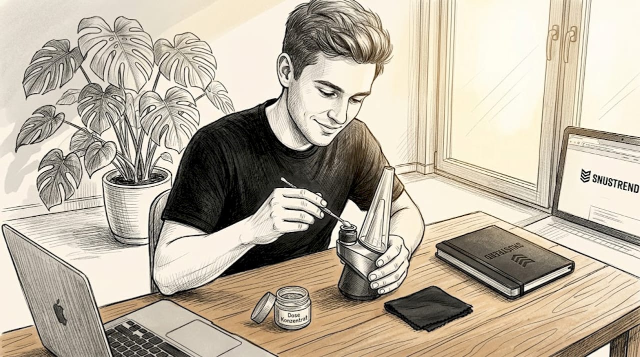 Ein junger Erwachsener sitzt am Tisch und benutzt ein Puffco-Dabbing-Gerät.