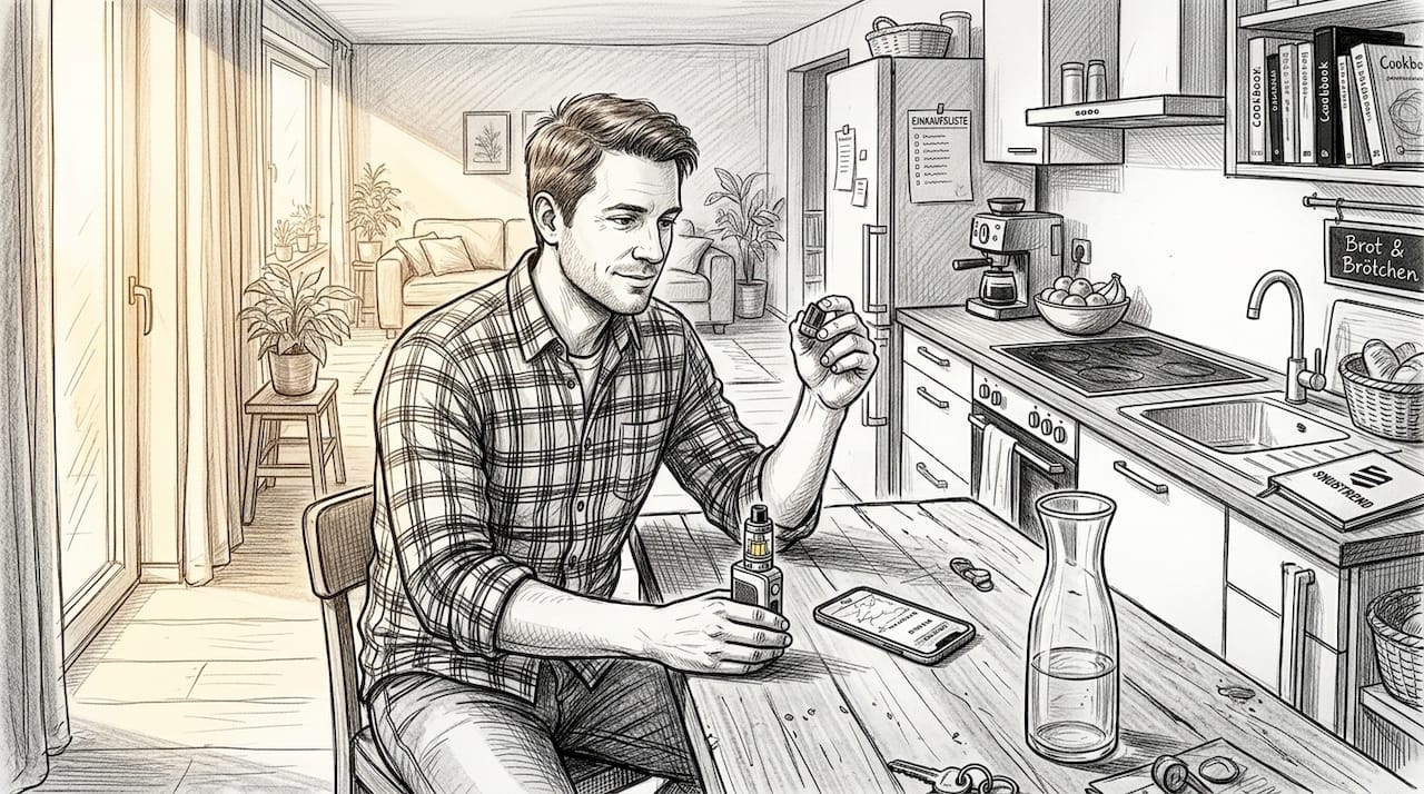 Ein Mann sitzt am Küchentisch und prüft sein Liquid sowie den Pod seiner E-Zigarette.