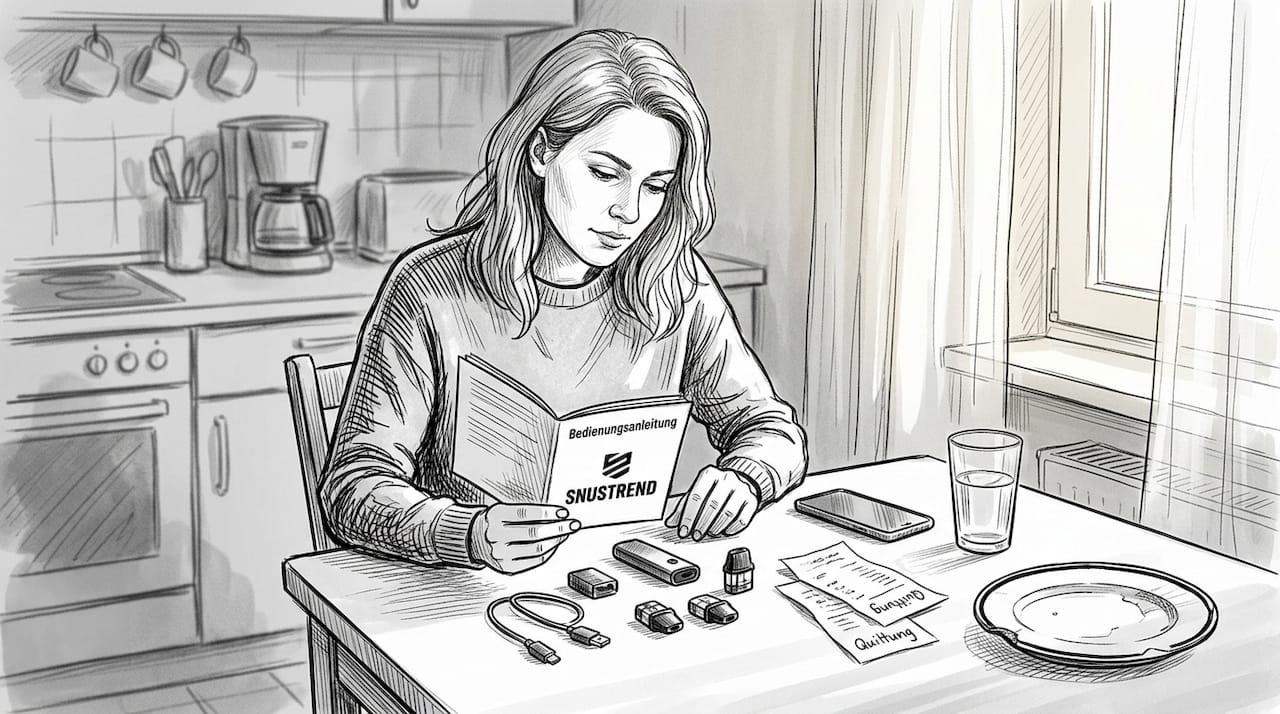 Eine Frau packt am Küchentisch ihr neues E-Zigaretten-Starterset aus.