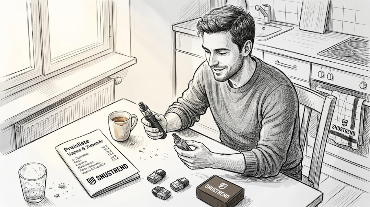 Ein Mann sitzt am Küchentisch und vergleicht verschiedene E-Zigaretten miteinander.