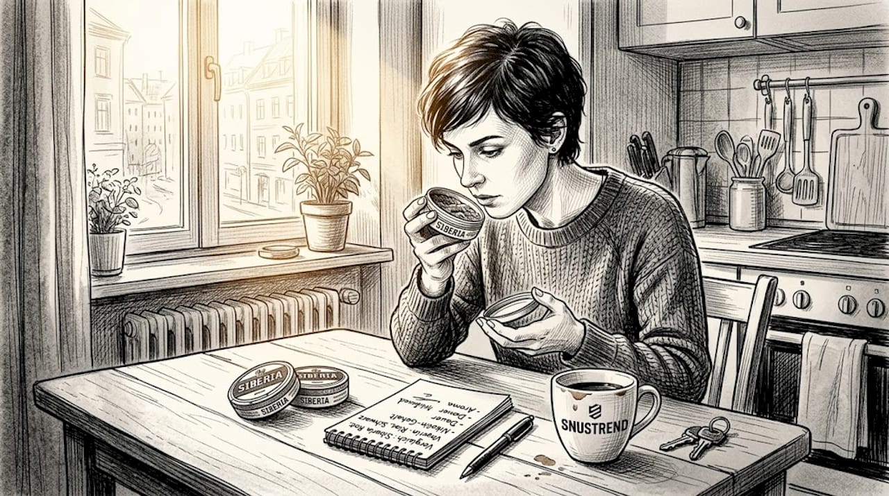 Eine Frau sitzt am Küchentisch und vergleicht verschiedene Siberia-Snus-Sorten miteinander.