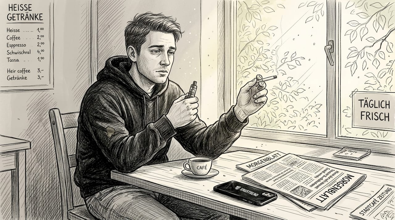 Ein Mann sitzt im Café und hat sowohl eine E-Zigarette als auch eine normale Zigarette in der Hand.