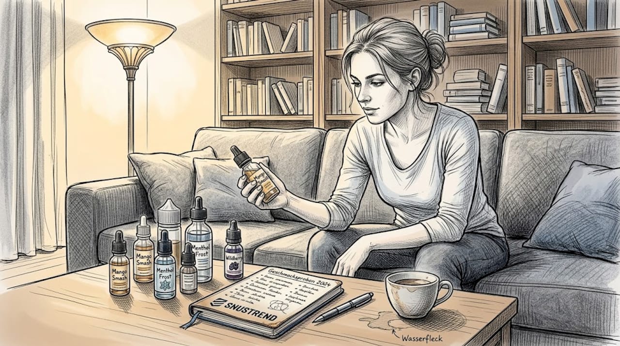 Eine Frau testet verschiedene E-Liquid-Aromen gemütlich auf dem Sofa im Wohnzimmer.