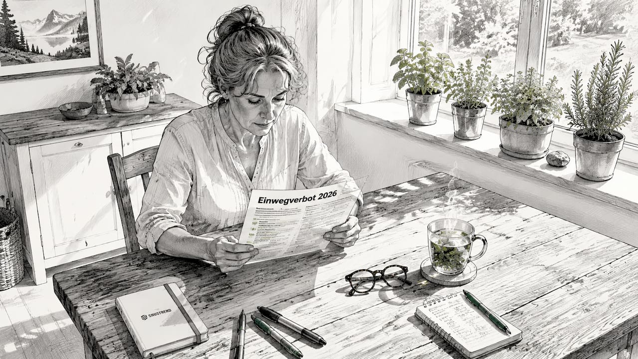 Eine Person studiert aufmerksam das Gesetz zur Abschaffung von Einwegprodukten in der Schweiz.