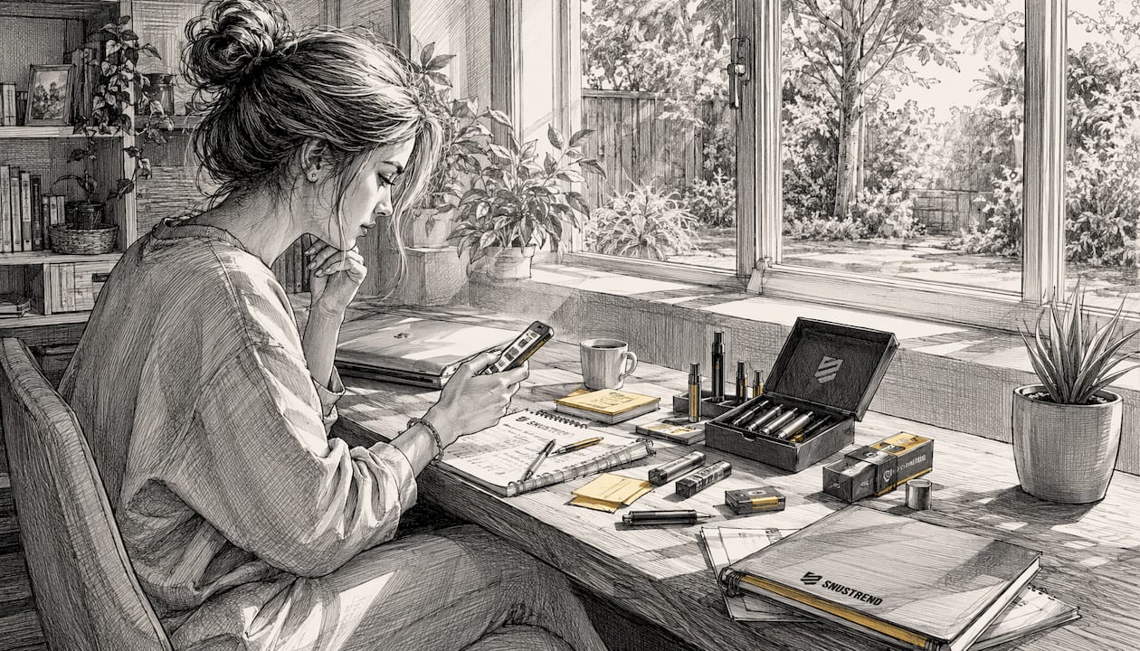 Eine Frau informiert sich auf ihrem Tablet über Alternativen zu Snus.