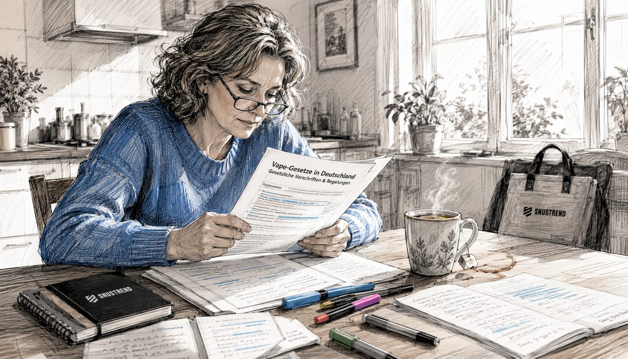 Eine Frau sitzt am Schreibtisch und informiert sich über die aktuellen Vorschriften zum Thema E-Zigaretten.