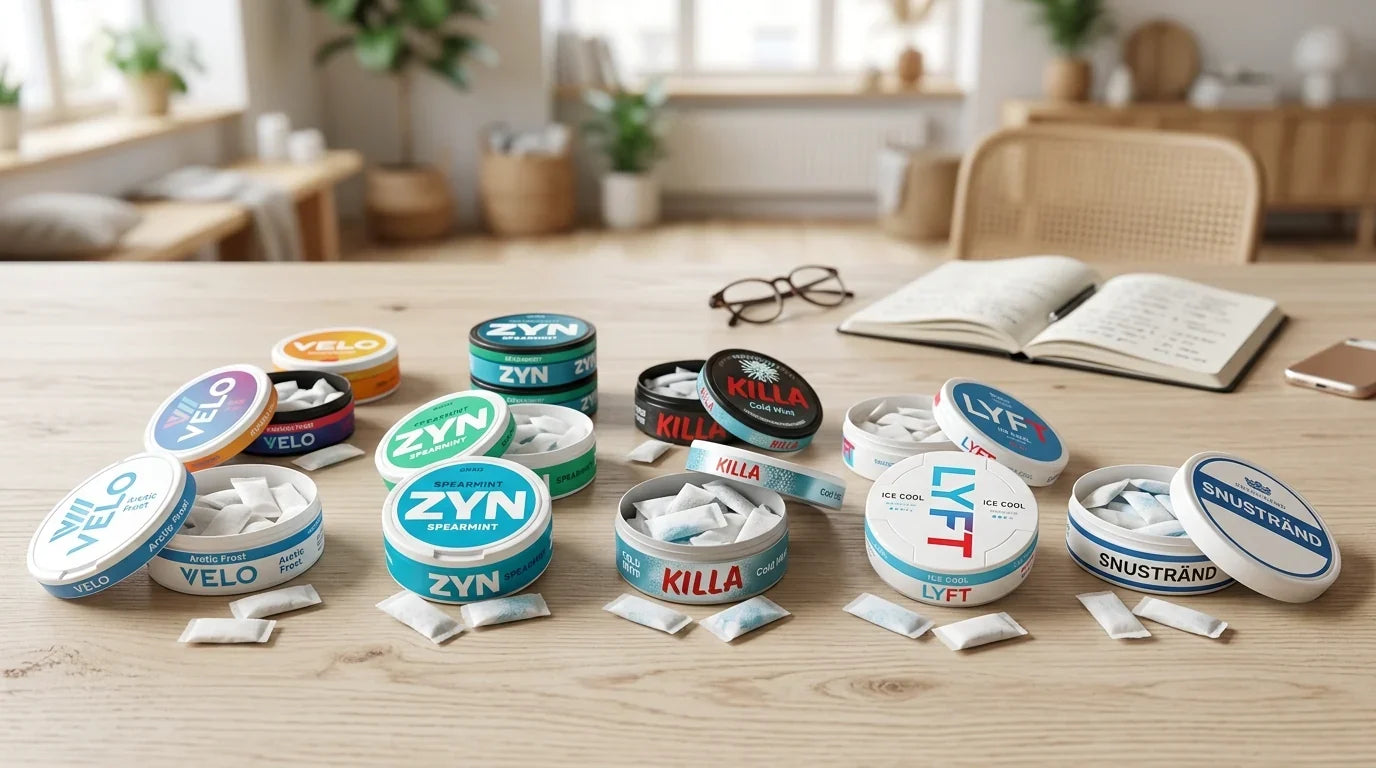 Nicotine Pouches Marken Auswahl Display von Snustrend