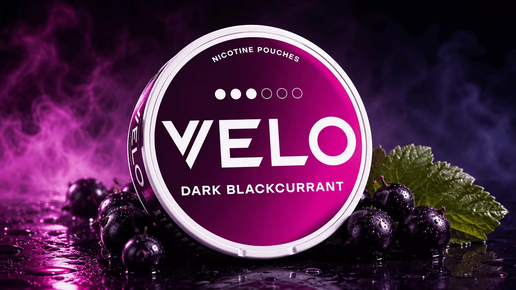 VELO Dark Blackcurrant Nikotinbeutel Dose auf hellem Hintergrund