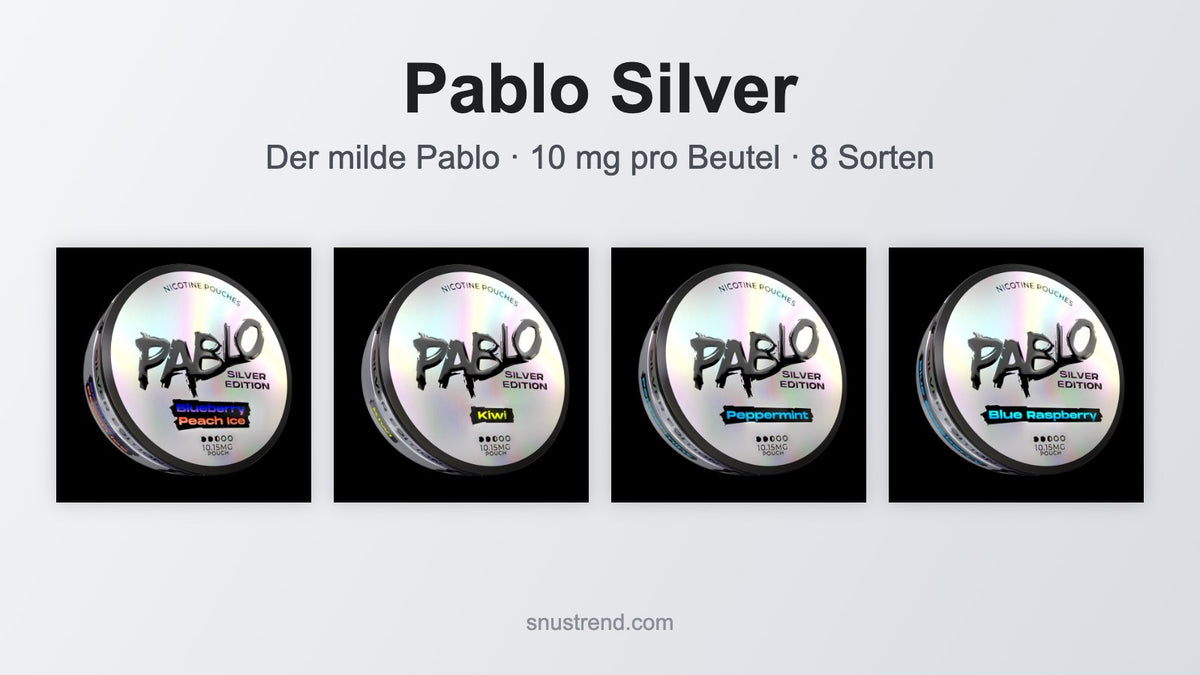 Pablo Silver Nicotine Pouches – vier Sorten der milden Pablo-Linie mit 10 mg