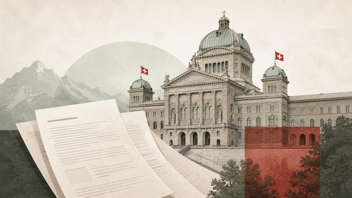 Illustration des Bundeshauses in Bern mit Schweizer Flagge und Gesetzesdokumenten zur Tabak- und Nikotinregulierung.