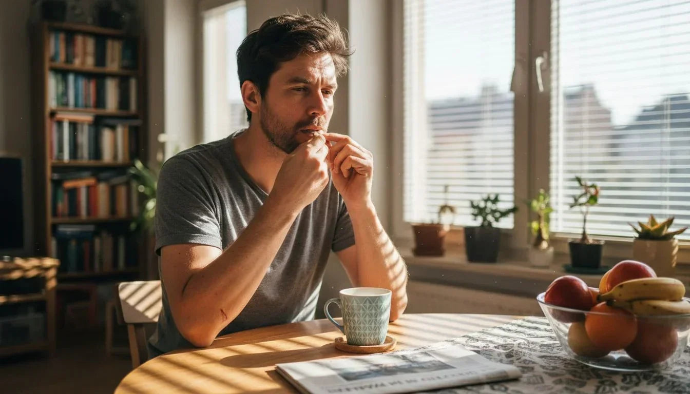 Ein Mann sitzt am Küchentisch und genießt einen nikotinfreien Snus.