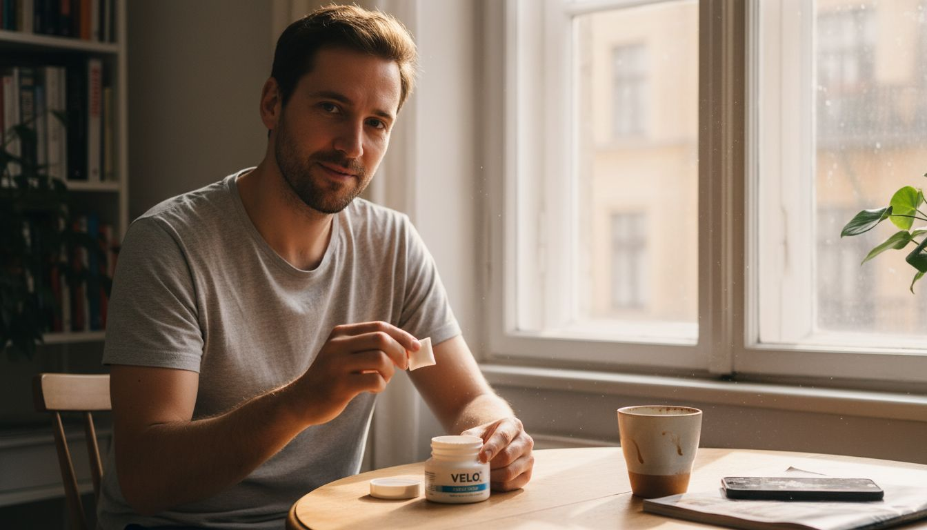 Ein junger Mann genießt entspannt einen Nikotinbeutel in seinem Wohnzimmer.