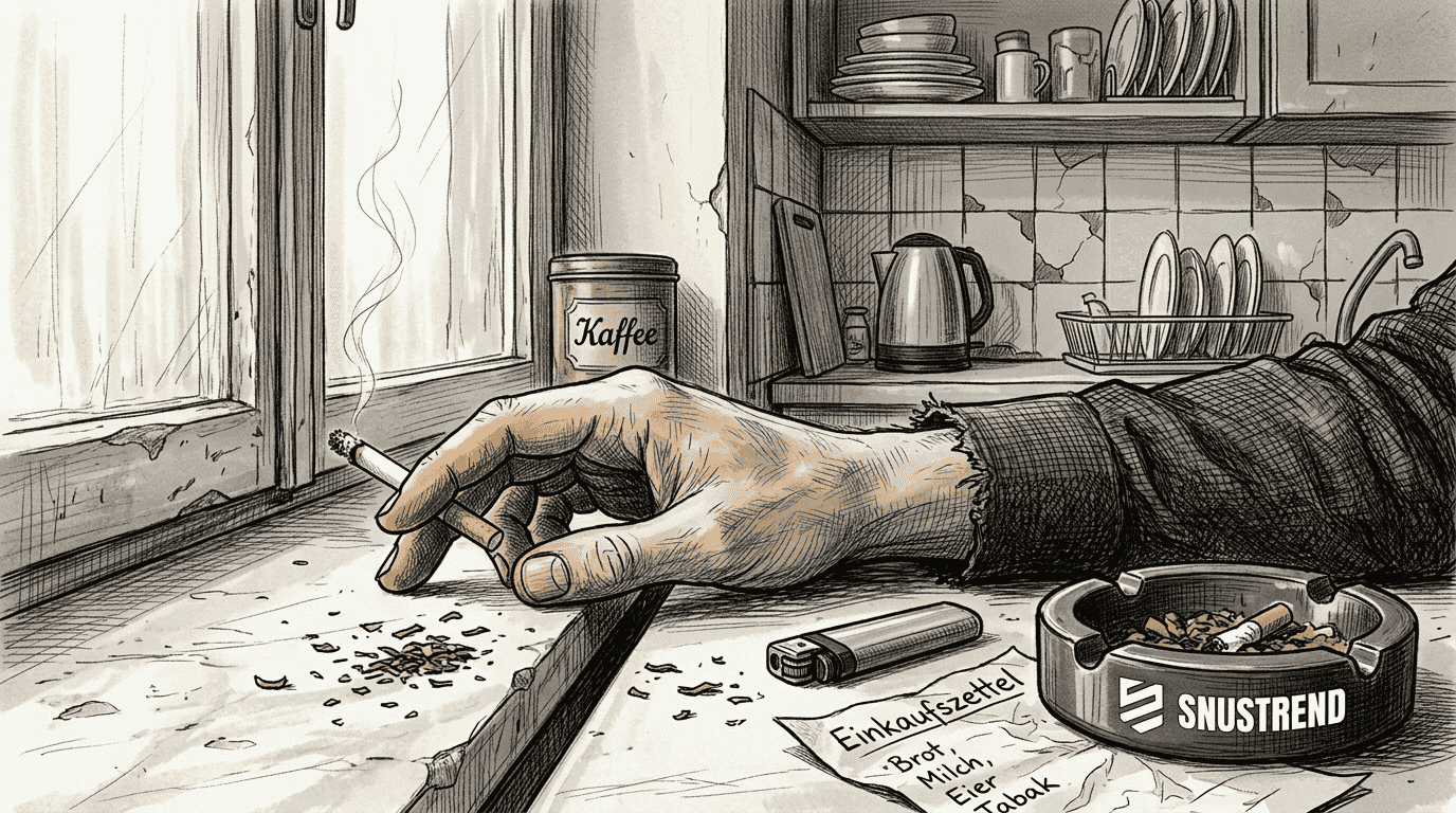 Nikotingelbe Finger, eine glimmende Zigarette in der Hand, lehnt er am Fensterrahmen.