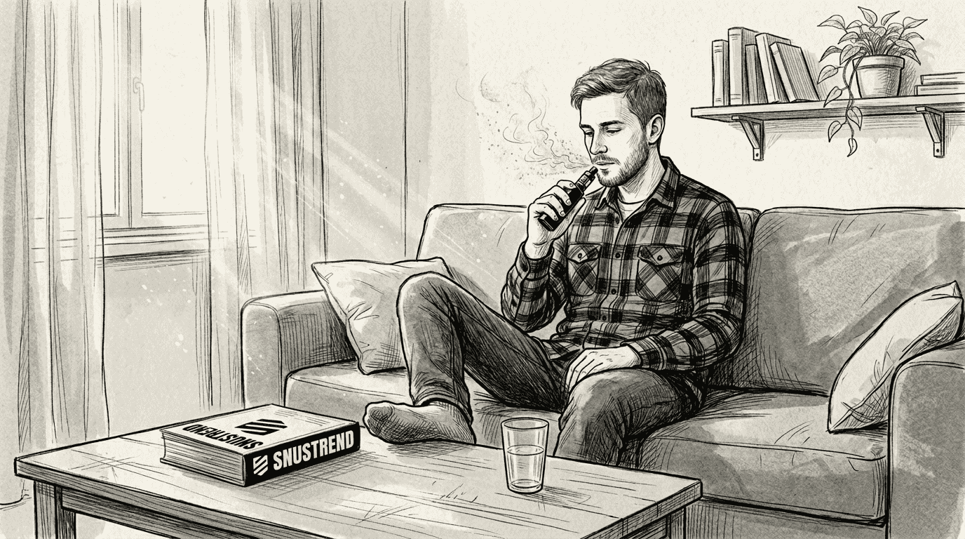 Jemand sitzt ganz entspannt zu Hause und zieht an seiner E-Zigarette – eine lockere, alltägliche Szene.