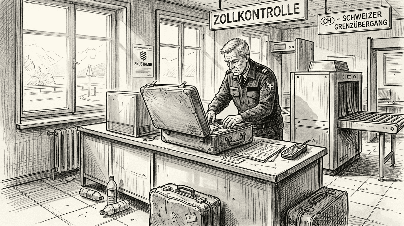 Eine Schweizer Zollbeamtin prüft den Koffer eines Reisenden auf Snus.