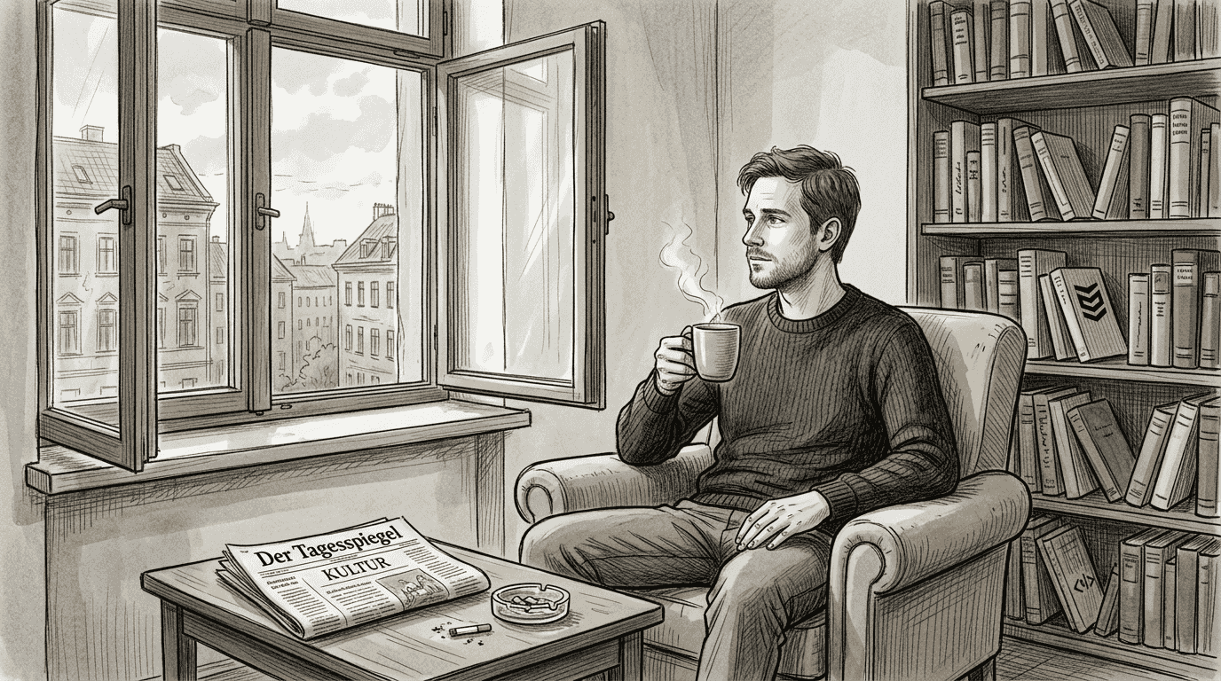 Ein Mann beobachtet in aller Ruhe, wie sich Nikotin bei ihm zu Hause auswirkt.