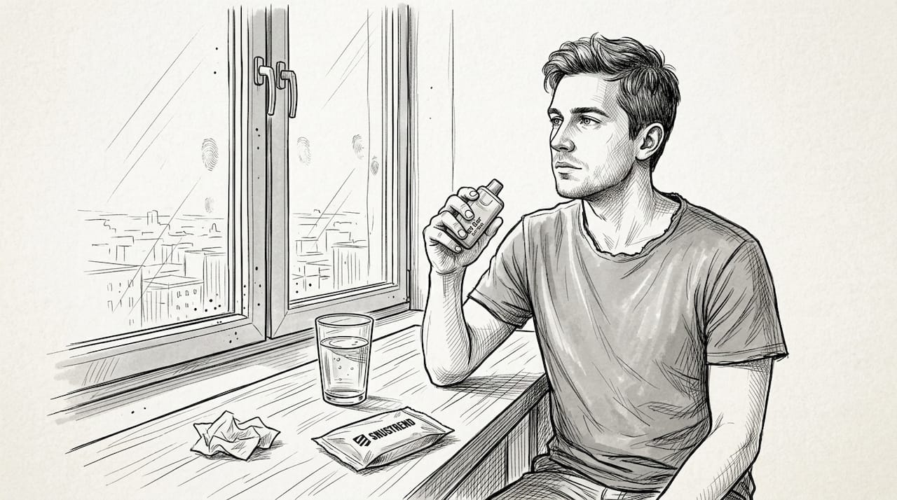 Ein junger Mann sitzt in seiner Wohnung und hält eine Elf Bar NX7000 in der Hand.