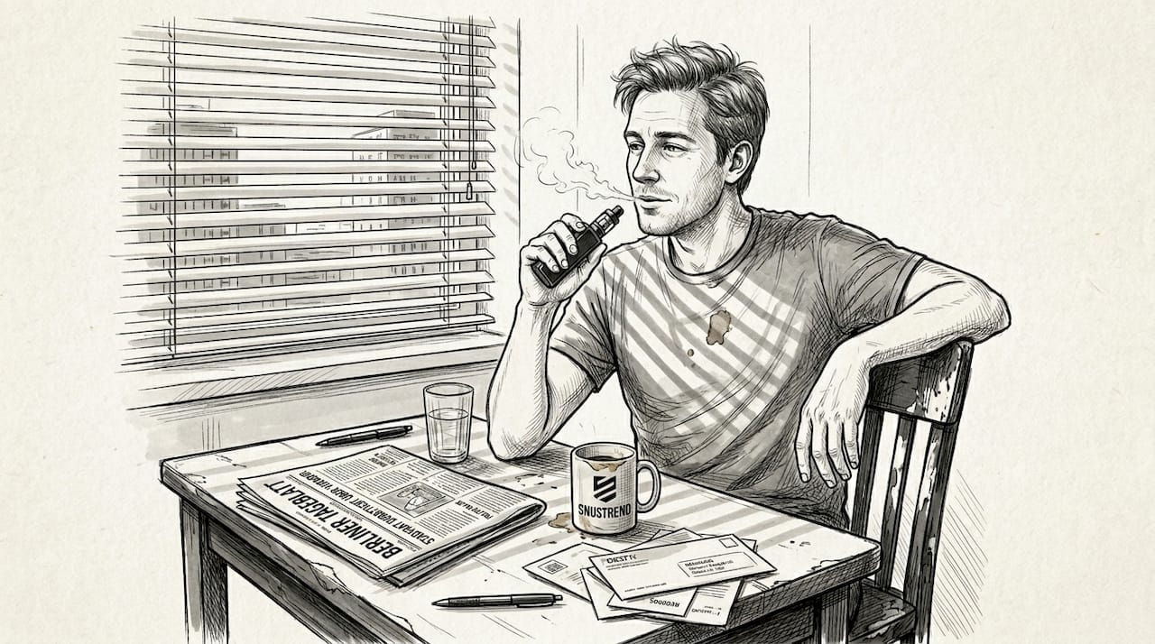 Ein Mann genießt entspannt seine Sikary S1000 E-Zigarette am Küchentisch.