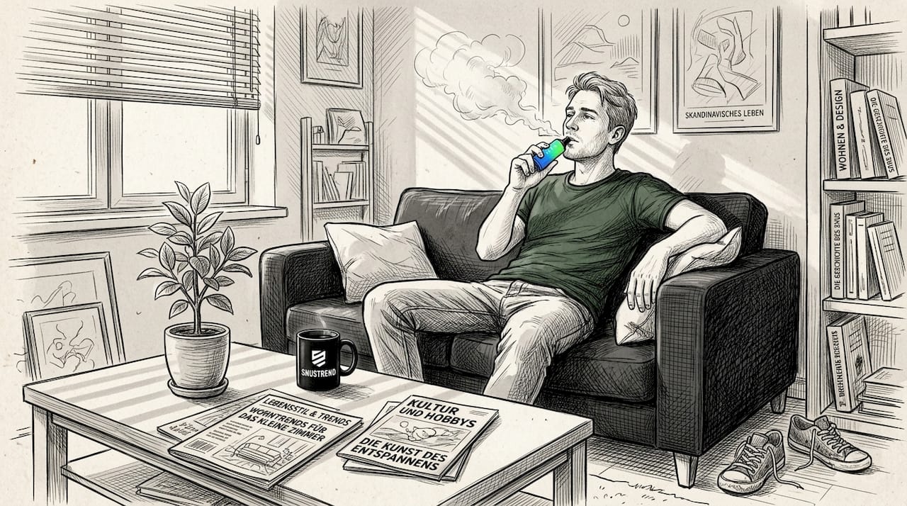 Ein Mann sitzt entspannt im Wohnzimmer und zieht an seiner Elfbar E-Zigarette.