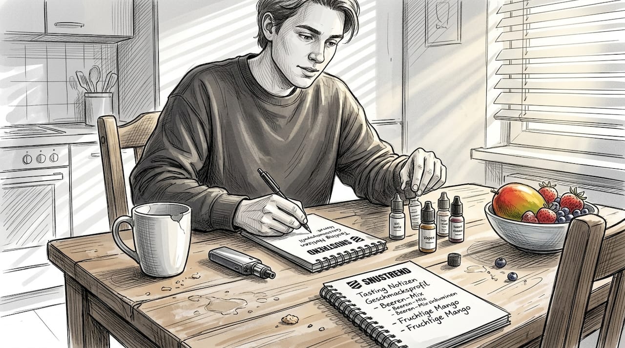 Eine Person sitzt am Küchentisch und probiert verschiedene E-Liquid-Geschmacksrichtungen aus.