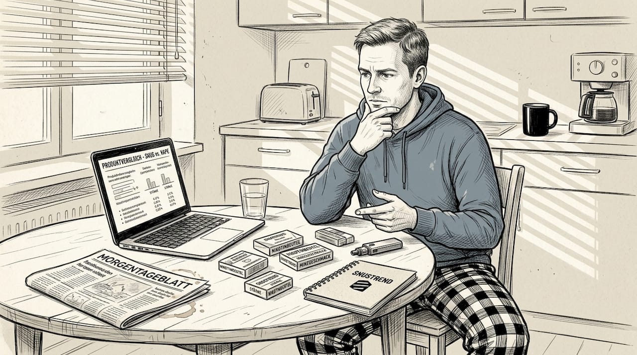 Ein Mann sitzt am Küchentisch und vergleicht verschiedene Möglichkeiten, um mit dem Rauchen aufzuhören.