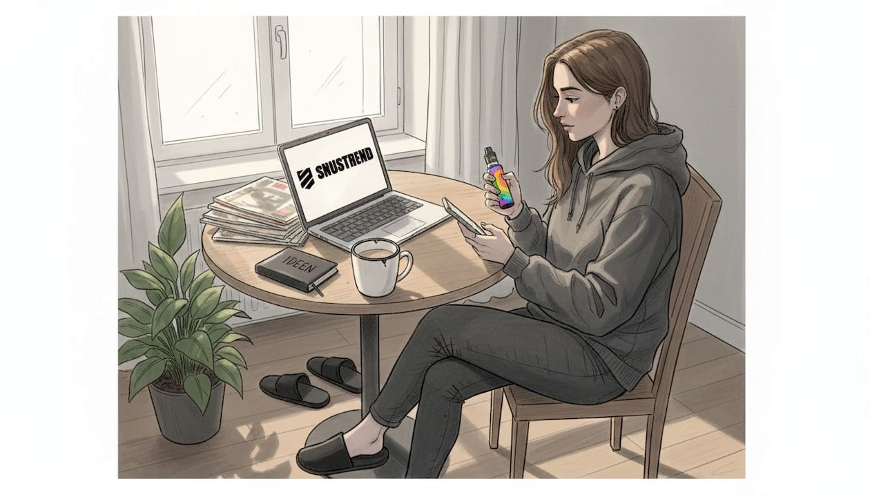 Eine Frau testet in ihrem Wohnzimmer die Elfbar E-Zigarette und macht sich dabei Notizen zu ihren Eindrücken.