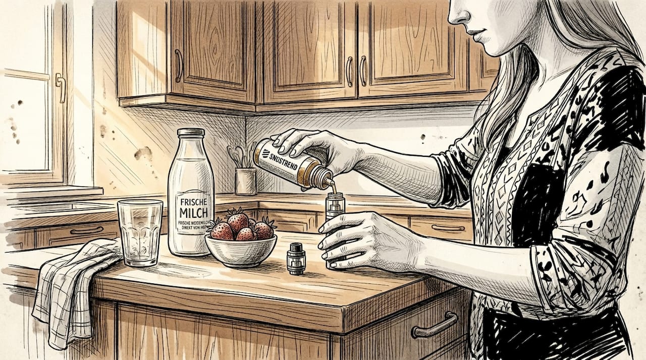 In der Küche füllt eine Frau ihre E-Zigarette mit einem cremigen Liquid nach.