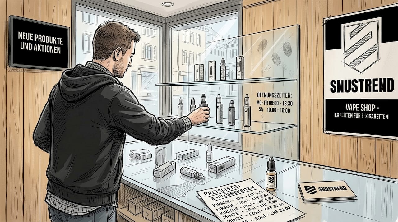 Ein Mitarbeiter eines Schweizer Vape-Shops räumt gerade das Warenregal ordentlich ein.