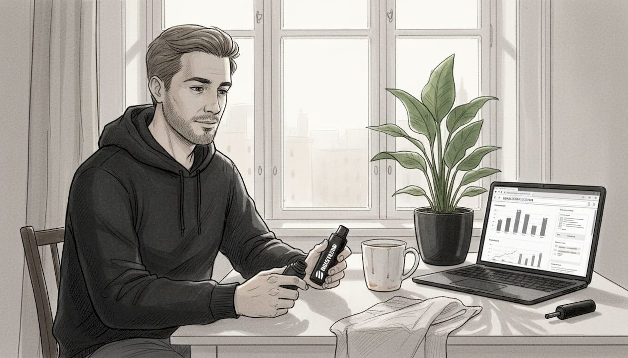 Ein Mann genießt seine nachhaltige Mehrweg-E-Zigarette am Küchentisch.