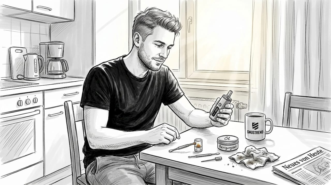 Ein Mann testet seinen Dabbing-Vaporizer in den eigenen vier Wänden.
