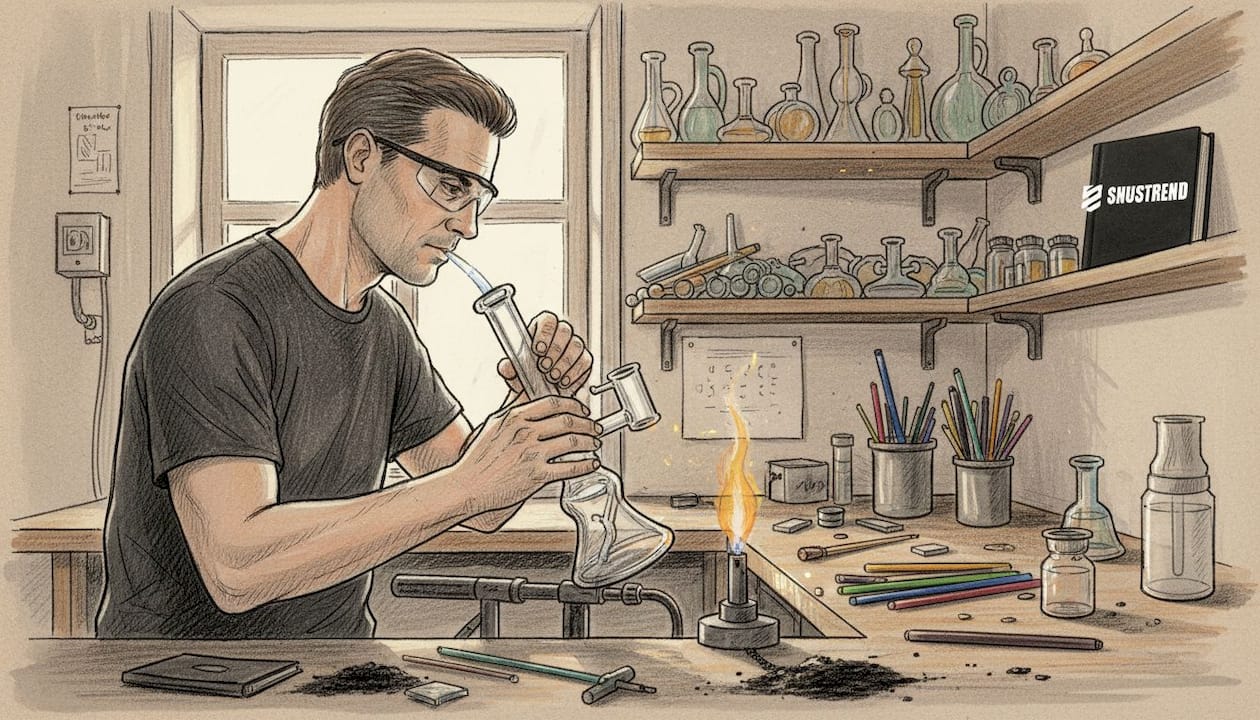 Ein Glasbläser stellt eine kunstvoll gestaltete Bong her.