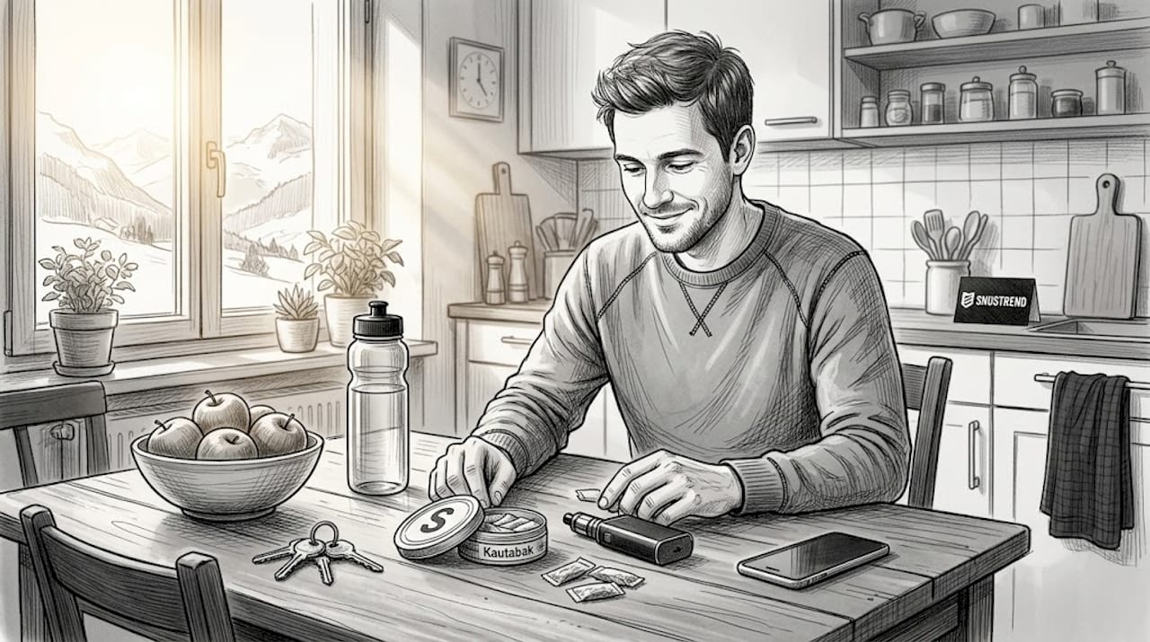 Zu Hause vergleicht jemand Snus mit verschiedenen Vape-Produkten und schaut, welches besser zu seinen Vorlieben passt.