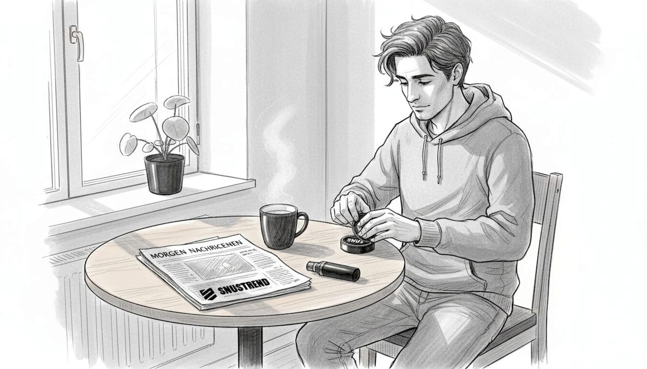 Ein Mann sitzt am Küchentisch und öffnet eine Dose Snus.