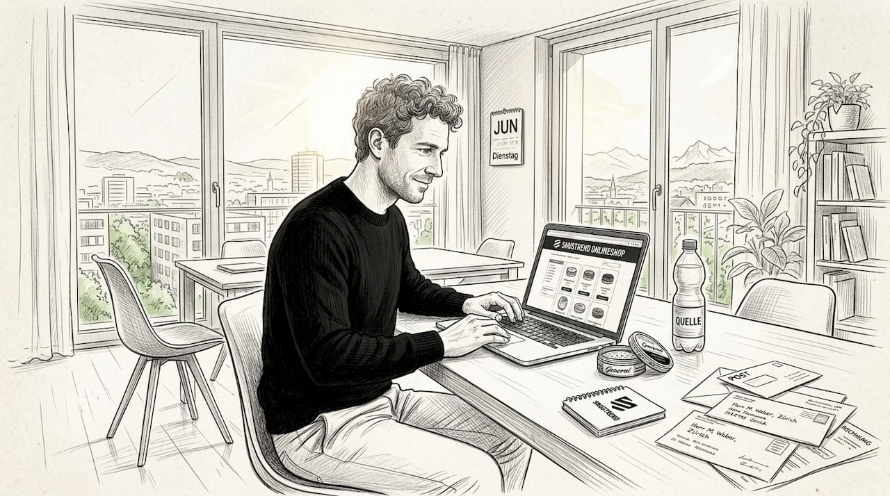 Ein Mann bestellt Snus bequem von zu Hause aus am Esstisch im Internet.