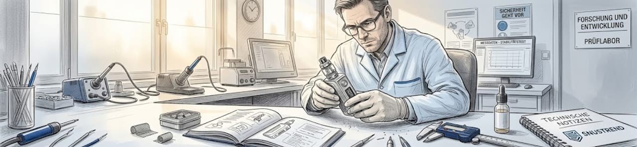 Ein Ingenieur prüft am Labortisch ein Vape-Modell auf seine Funktionstüchtigkeit.