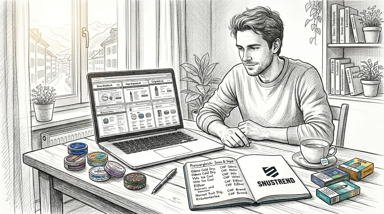 Ein Mann informiert sich online über die verschiedenen Alternativen zu Snus und E-Zigaretten und vergleicht die Vor- und Nachteile.
