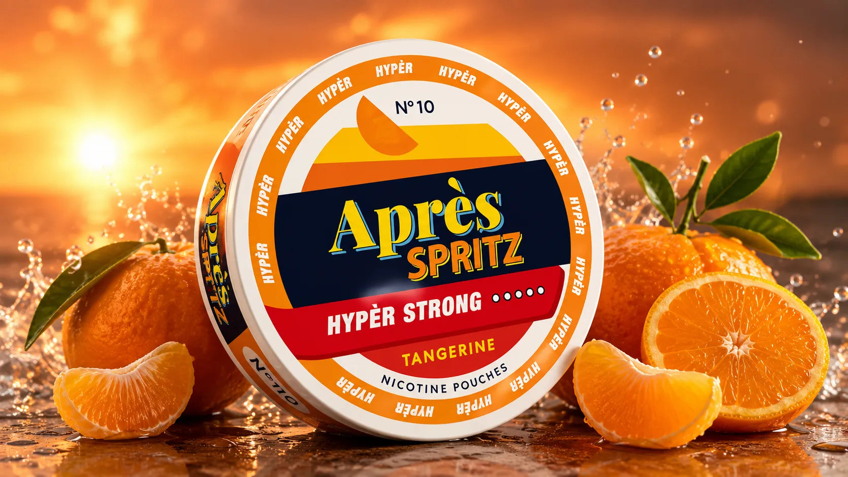 Apres No10 Tangerine Spritz Hyper Strong Nikotinbeutel Dose auf hellem Hintergrund